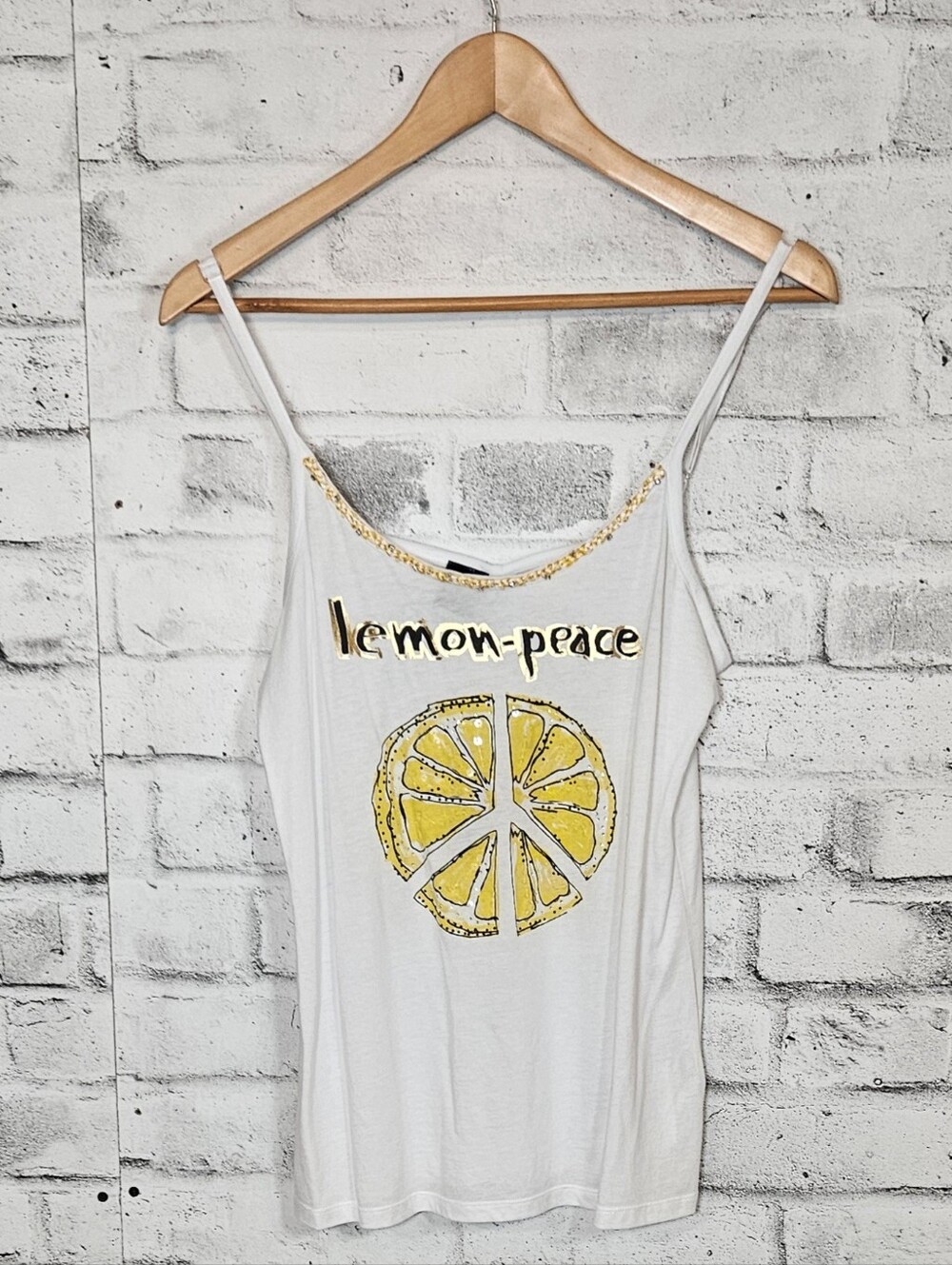 Desigual Lemon Peace Graphic Tank Top Gold Chain Trim NWT Size L